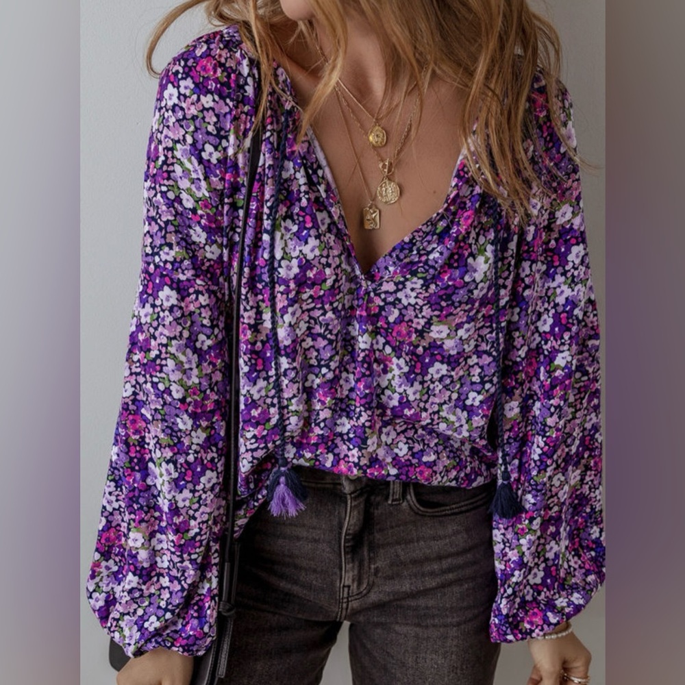 ✨Purple Ditsy Floral Boho Blouse Tassel Tie Neck Flowy Top